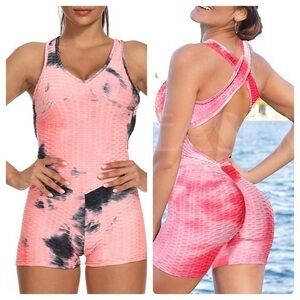 Tie Dye Honeycomb “Butt Scrunch” Romper Jumpsuit Pink Black Combo ticktock viral